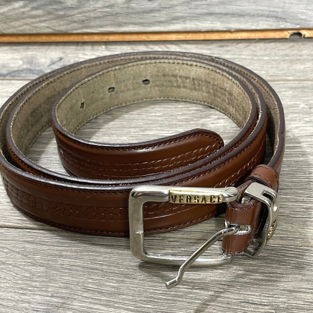 Vintage Versace Belt Mens 52 Brown Leather Medusa Head Silver Gold Buckle